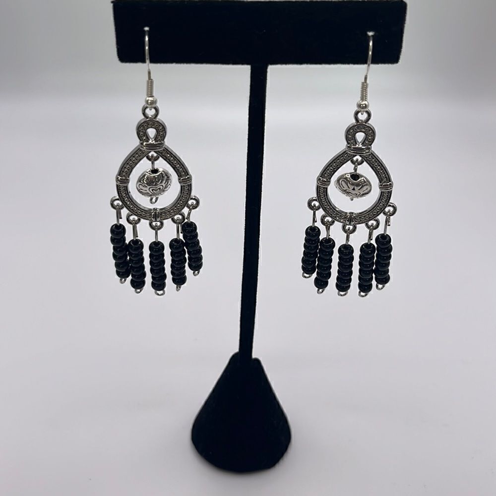 Silver-tone Homemade Dangling Chandelier Earrings with Black Beads